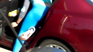 Creepshot of big ass in tight yoga pants  at carwash