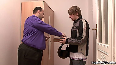 His young wife sucks and rides pizza-guy cock