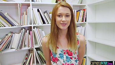 Redhead teen POV doggystyled in the library