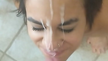 Dirty mexican Ellie gets a huge facial after sucking my cock