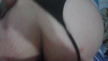 Doggy orgasm in black satin thong