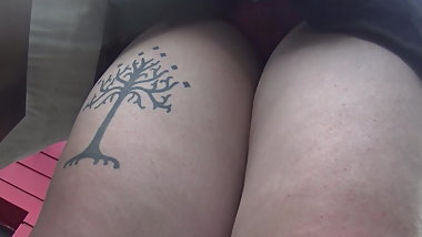 Amazing Frontal Upskirt with tatoo legs. Nice panties