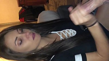 Petite fake tit hottie sucking my cock and riding my big cock until I cum