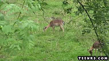 Teen with natural big tits fucks a runner on the trail