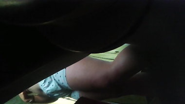 She plays with her tiny tits before shower