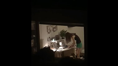 Neighbor teen spy voyeur to clean up in hotpant
