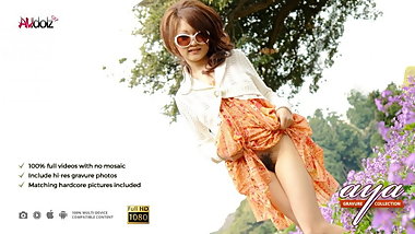 Sexy brunette babe Aya sucks a hairy fuck stick outdoors