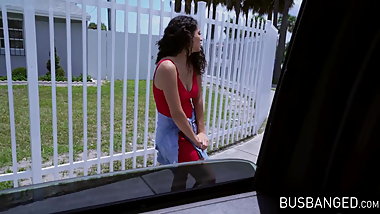 Busty all natural Latina bouncing on cock in JMacs van