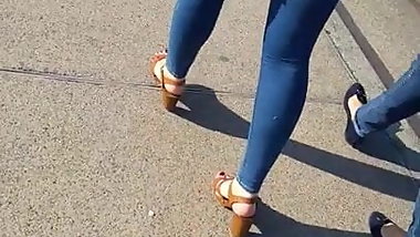 Perfect ass in tight skinny jeans and heels of french teen