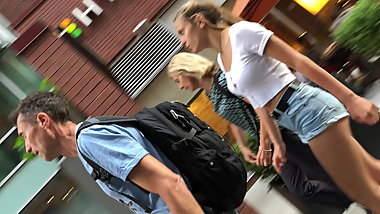 blond teen with parents showing butt cheeks in shorts