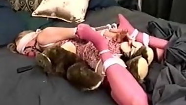 young sadi hogtied to teddybear gagged blindfolded vibed