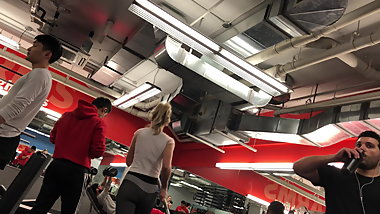 Blond prety girl in gray tights, cute butt part 4