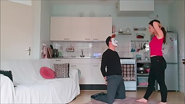 Young woman kicking and punching a guy in the balls - Ballbusting