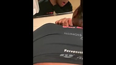 Backshots in a Movie Theater bathroom and swallows cum