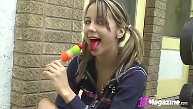 Little Titty Andi Pink Licks Popsicle & Shows Pussy!